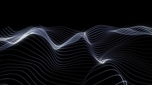 Abstract loopable black cg motion waving dots texture with glowing defocused white lines with particles. Cyber or technology digital landscape background. 3840x2160 4k uhd