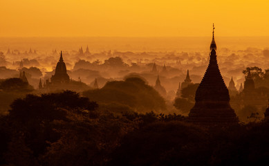 Amazing sunrise with the ancient architecture of a thousand Pagodas in Bagan Kingdom, Myanmar