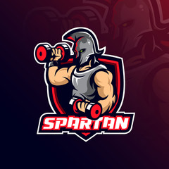 spartan mascot logo design vector with modern illustration concept style for badge, emblem and tshirt printing. spartan illustration with shield and barbell.