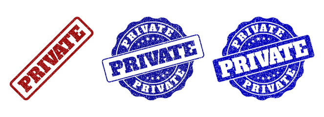 PRIVATE grunge stamp seals in red and blue colors. Vector PRIVATE overlays with grunge texture. Graphic elements are rounded rectangles, rosettes, circles and text titles.