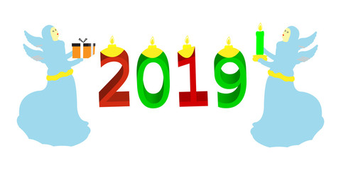 Red and Green Happy New Year illustration with angels