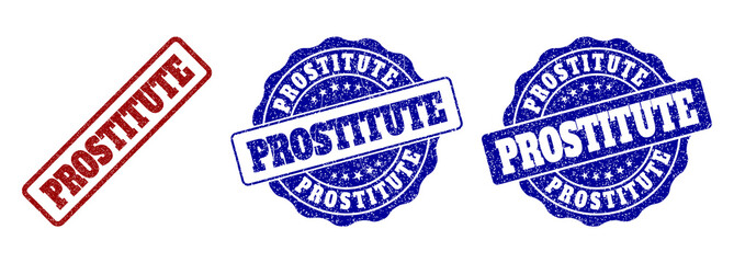 PROSTITUTE grunge stamp seals in red and blue colors. Vector PROSTITUTE overlays with grunge surface. Graphic elements are rounded rectangles, rosettes, circles and text tags.