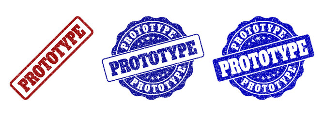 PROTOTYPE grunge stamp seals in red and blue colors. Vector PROTOTYPE imprints with grunge style. Graphic elements are rounded rectangles, rosettes, circles and text labels.