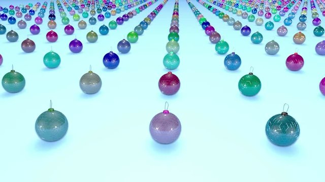christmas balls on surface in a rows. 3d animation for new year compositions or background with depth of field. amera moves smoothly above the surface. Multi colored 4