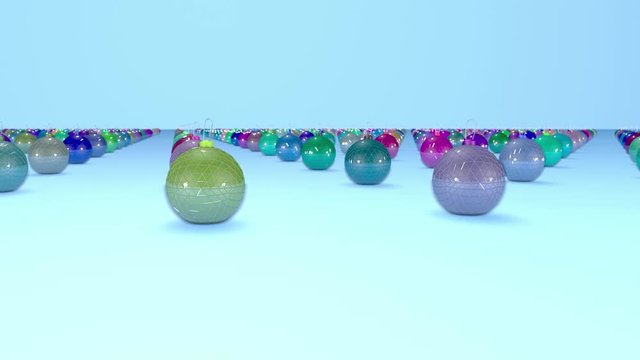 christmas balls on surface in a rows. 3d animation for new year compositions or background with depth of field. amera moves smoothly above the surface. Multi colored 6