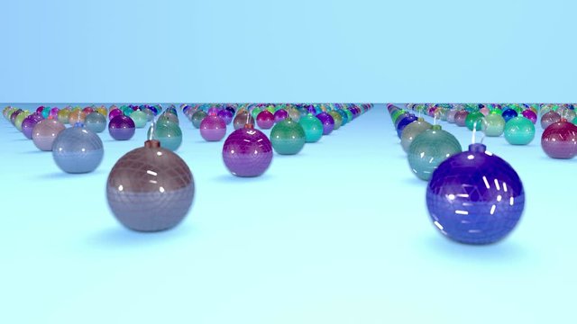 christmas balls on surface in a rows. 3d animation for new year compositions or background with depth of field. amera moves smoothly above the surface. Multi colored 10