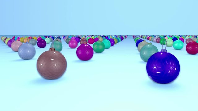 christmas balls on surface in a rows. 3d animation for new year compositions or background with depth of field. amera moves smoothly above the surface. Multi colored 11
