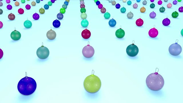 christmas balls on surface in a rows. 3d animation for new year compositions or background with depth of field. amera moves smoothly above the surface. Multi colored 12