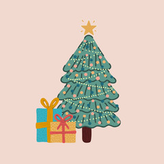 Vector of a Christmas tree decorated with some gifts on the floor.