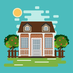 Private cute cottage with trees. Real estate. Renting. Vector illustration.