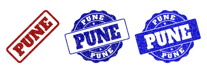 PUNE scratched stamp seals in red and blue colors. Vector PUNE watermarks with distress style. Graphic elements are rounded rectangles, rosettes, circles and text labels.