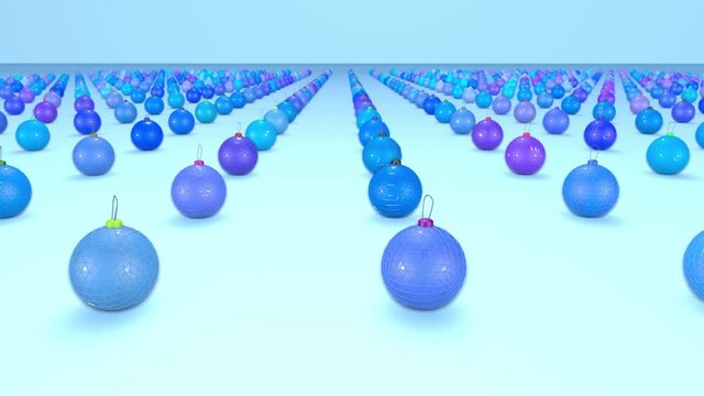 christmas balls on surface in a rows. 3d animation for new year compositions or background with depth of field. amera moves smoothly above the surface. Blue shades 5