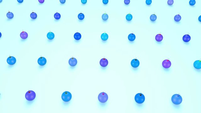 christmas balls on surface in a rows. 3d animation for new year compositions or background with depth of field. amera moves smoothly above the surface. Blue shades 7