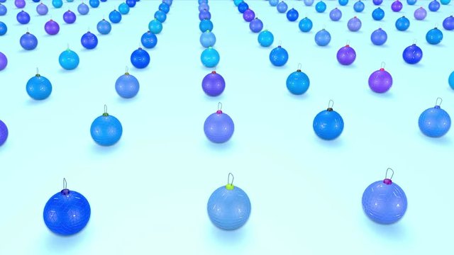christmas balls on surface in a rows. 3d animation for new year compositions or background with depth of field. amera moves smoothly above the surface. Blue shades 9