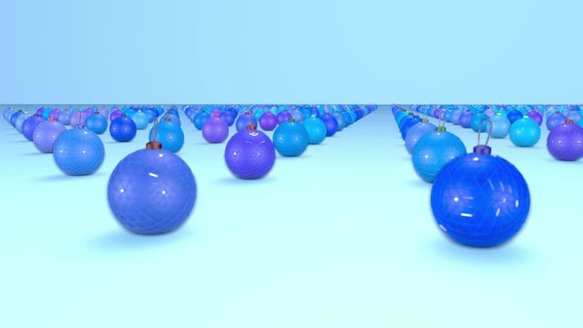 christmas balls on surface in a rows. 3d animation for new year compositions or background with depth of field. amera moves smoothly above the surface. Blue shades 10