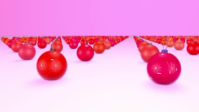 christmas balls on surface in a rows. 3d animation for new year compositions or background with depth of field. amera moves smoothly above the surface. Red shades 1