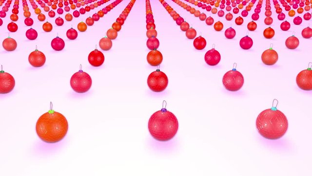 christmas balls on surface in a rows. 3d animation for new year compositions or background with depth of field. amera moves smoothly above the surface. Red shades 3