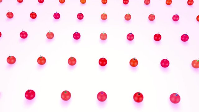 christmas balls on surface in a rows. 3d animation for new year compositions or background with depth of field. amera moves smoothly above the surface. Red shades 4