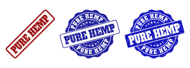 PURE HEMP grunge stamp seals in red and blue colors. Vector PURE HEMP labels with dirty surface. Graphic elements are rounded rectangles, rosettes, circles and text labels.