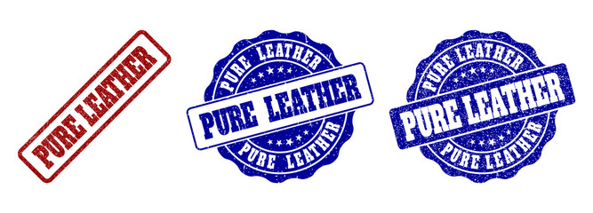 PURE LEATHER grunge stamp seals in red and blue colors. Vector PURE LEATHER watermarks with dirty effect. Graphic elements are rounded rectangles, rosettes, circles and text captions.