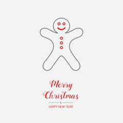 Design of Christmas greeting card with with hand drawn gingerbread cookie. Vector.