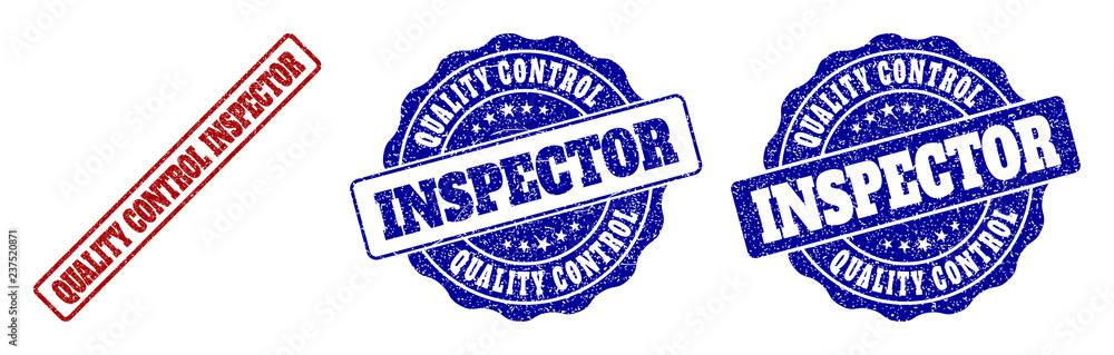 Poster quality control inspector scratched stamp seals in red and blue colors. vector quality control inspe