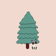 Naklejka premium Vector of a decorated Christmas tree and with a Boston Terrier breed dog next to it.