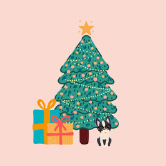Vector of a bulldog next to a Christmas tree with lights, a star and gifts.