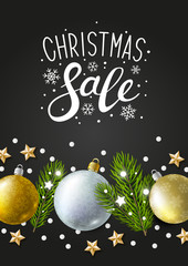 Christmas greeting card with holiday decor on dark background