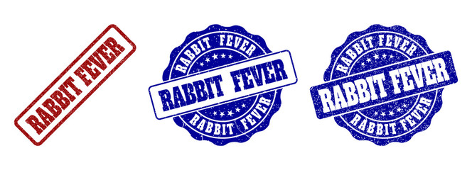 RABBIT FEVER scratched stamp seals in red and blue colors. Vector RABBIT FEVER labels with distress style. Graphic elements are rounded rectangles, rosettes, circles and text labels.