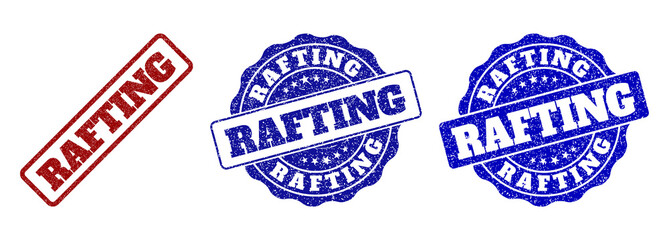RAFTING grunge stamp seals in red and blue colors. Vector RAFTING overlays with grunge surface. Graphic elements are rounded rectangles, rosettes, circles and text labels.