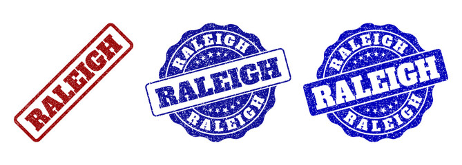 RALEIGH scratched stamp seals in red and blue colors. Vector RALEIGH signs with distress style. Graphic elements are rounded rectangles, rosettes, circles and text tags.