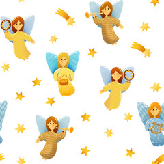 Obraz premium Seamless pattern of little angels with wings hold a musical instruments drawing in kids stile on star background