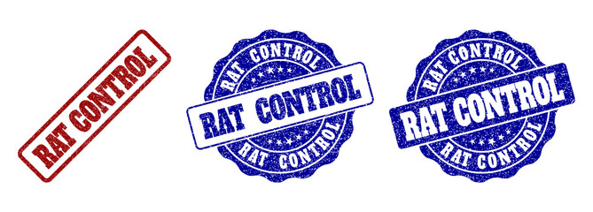 RAT CONTROL scratched stamp seals in red and blue colors. Vector RAT CONTROL labels with scratced style. Graphic elements are rounded rectangles, rosettes, circles and text labels.