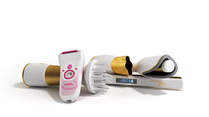set of equipment for hair care hair dryer epilator curling iron hair straightener 3d render on white