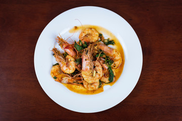Shrimp with red curry, Thai food, top view