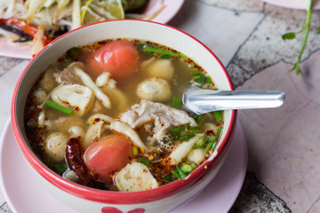 Local food, Thailand style. mushroom and herb soup. Soup meat, spicy. Soup tomato, 