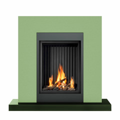 Green burning fireplace isolated on white background