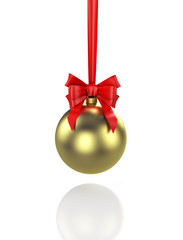 Shiny gold christmas ball with red baw. 3D Illustration 