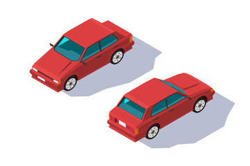 Isometric 3d four-seater red classic sedan car for family.
