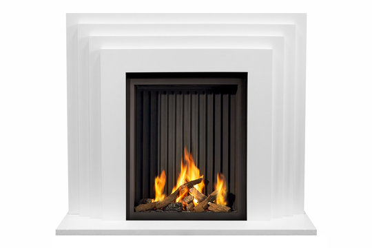 Beige marble fireplace with white background isolated