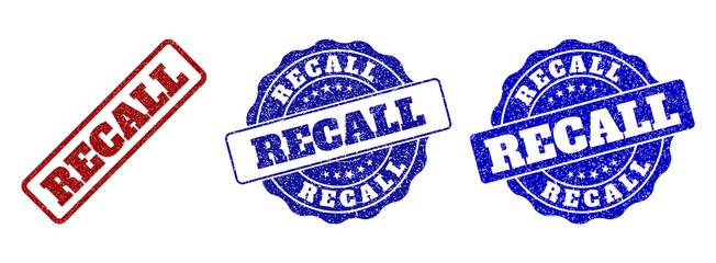 RECALL grunge stamp seals in red and blue colors. Vector RECALL labels with distress style. Graphic elements are rounded rectangles, rosettes, circles and text labels.