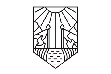 Badge for mountain and rivers exploration camp, tourism extreme. Wild travel sticker.