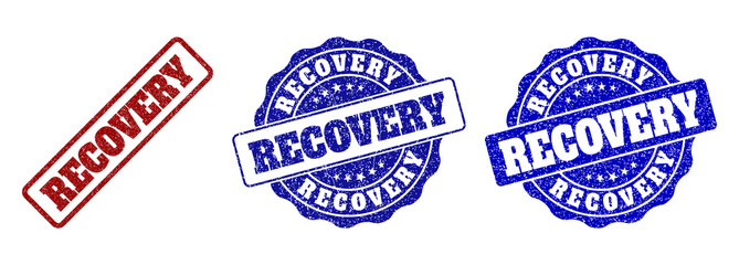 RECOVERY grunge stamp seals in red and blue colors. Vector RECOVERY watermarks with grunge effect. Graphic elements are rounded rectangles, rosettes, circles and text tags.