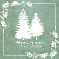 Christmas trees Merry Christmas and Happy New Year blue and white vintage greeting card with ornaments
