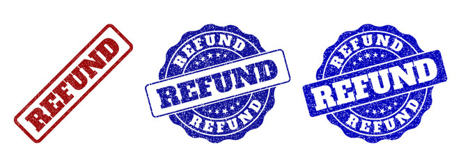 REFUND scratched stamp seals in red and blue colors. Vector REFUND labels with draft surface. Graphic elements are rounded rectangles, rosettes, circles and text labels.