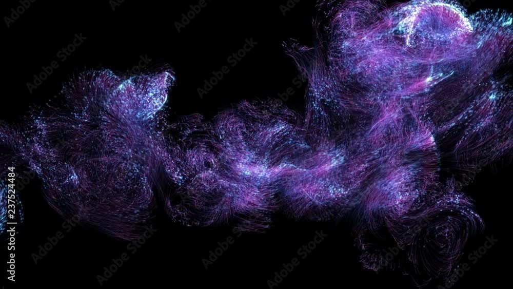 Poster flying blue and violet particles. animation of glowing particle system. glowing fluid stardust.
