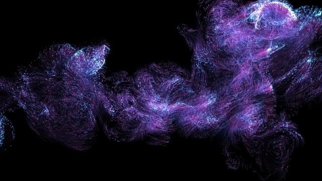 Flying blue and violet particles. Animation of glowing particle system.  Glowing fluid stardust. 