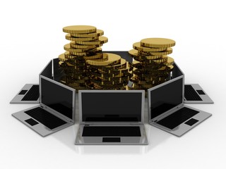 3d rendering Computer network with gold coin