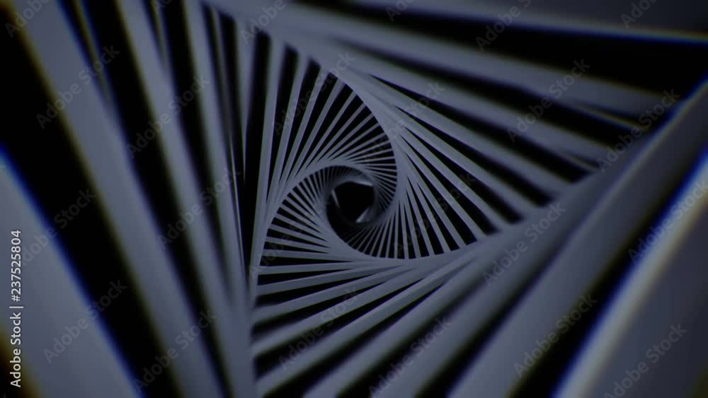 Poster abstract technology tunnel. black metal construction sharp corners with reflections the camera moves
